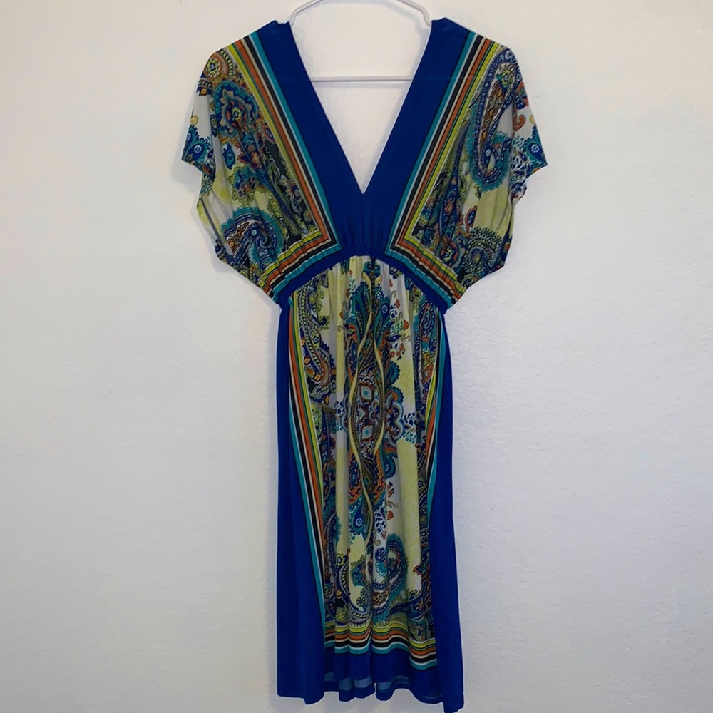 VINTAGE DRESS 70's RETRO BOHO DEEP V NECK BLUE MEDIUM